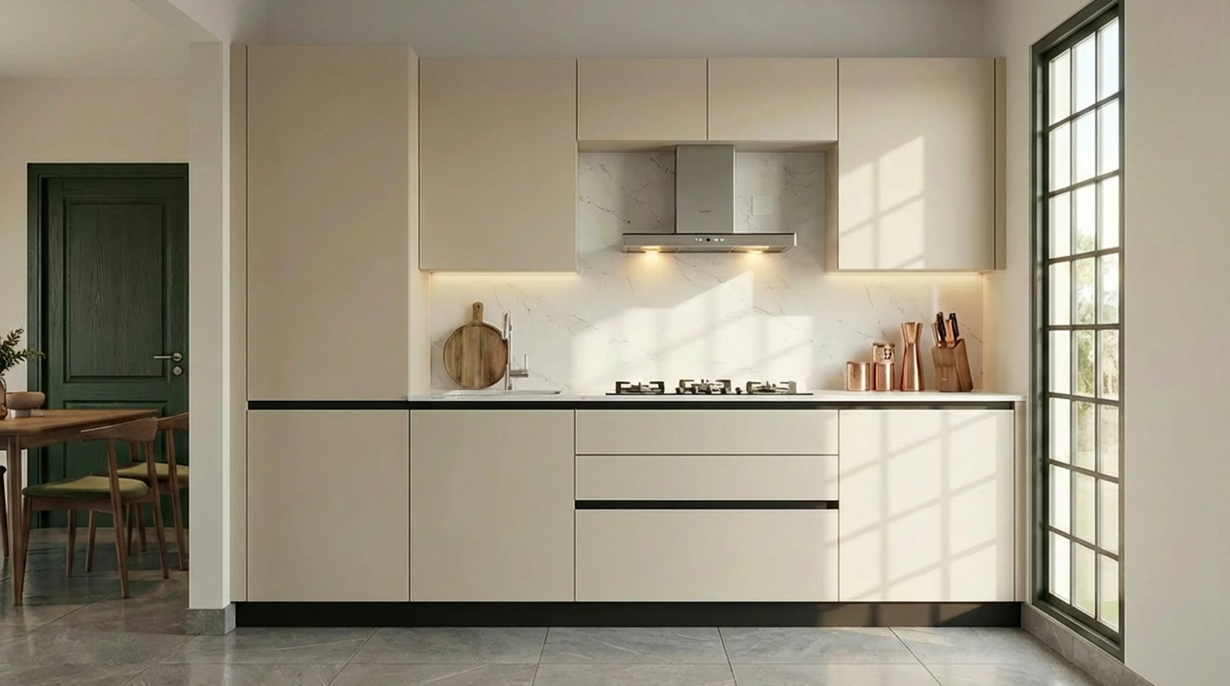 Contemporary Straight Kitchen with Champagne Cabinets