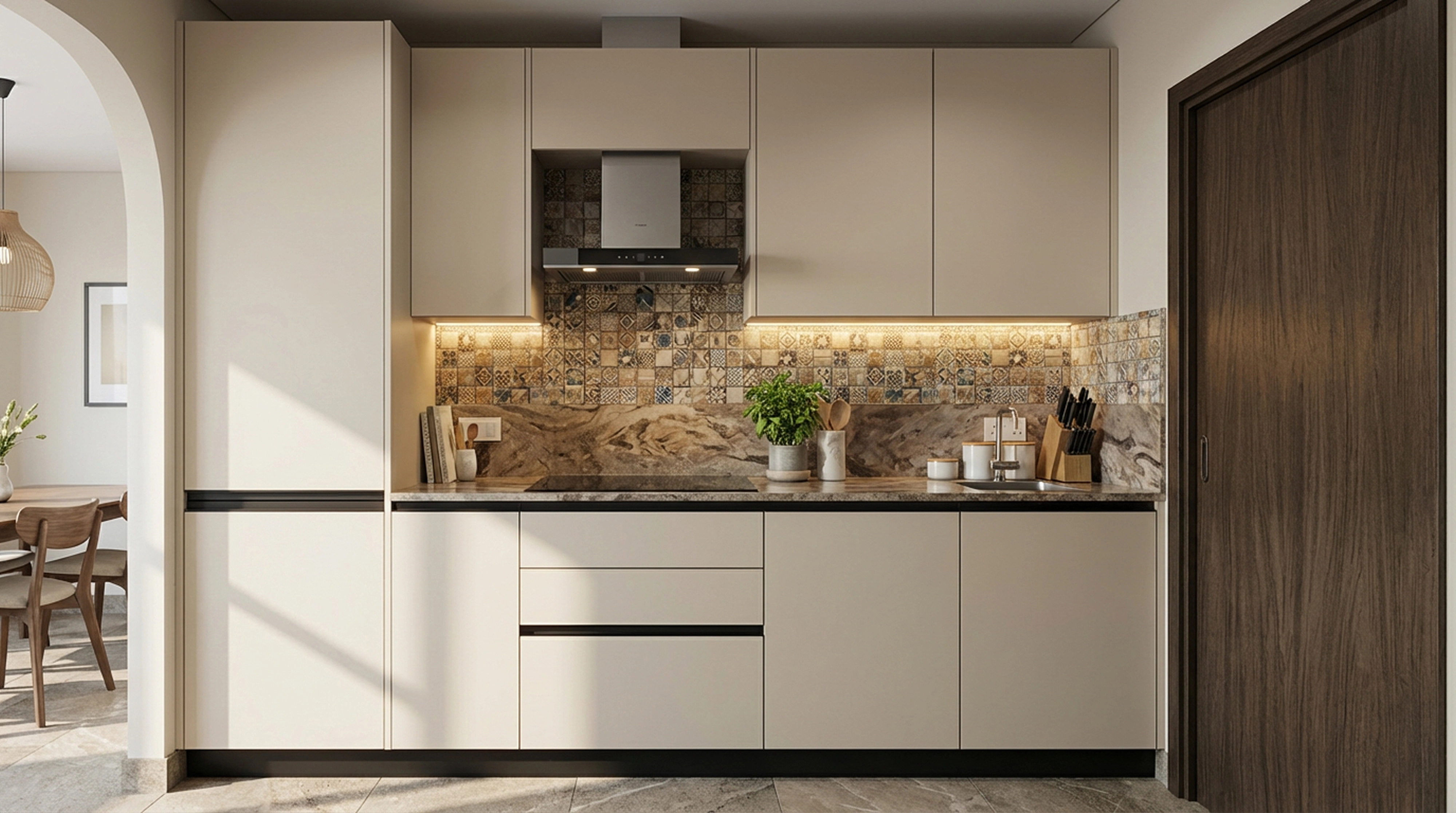 Sophisticated Straight Kitchen with Peanut Cabinets