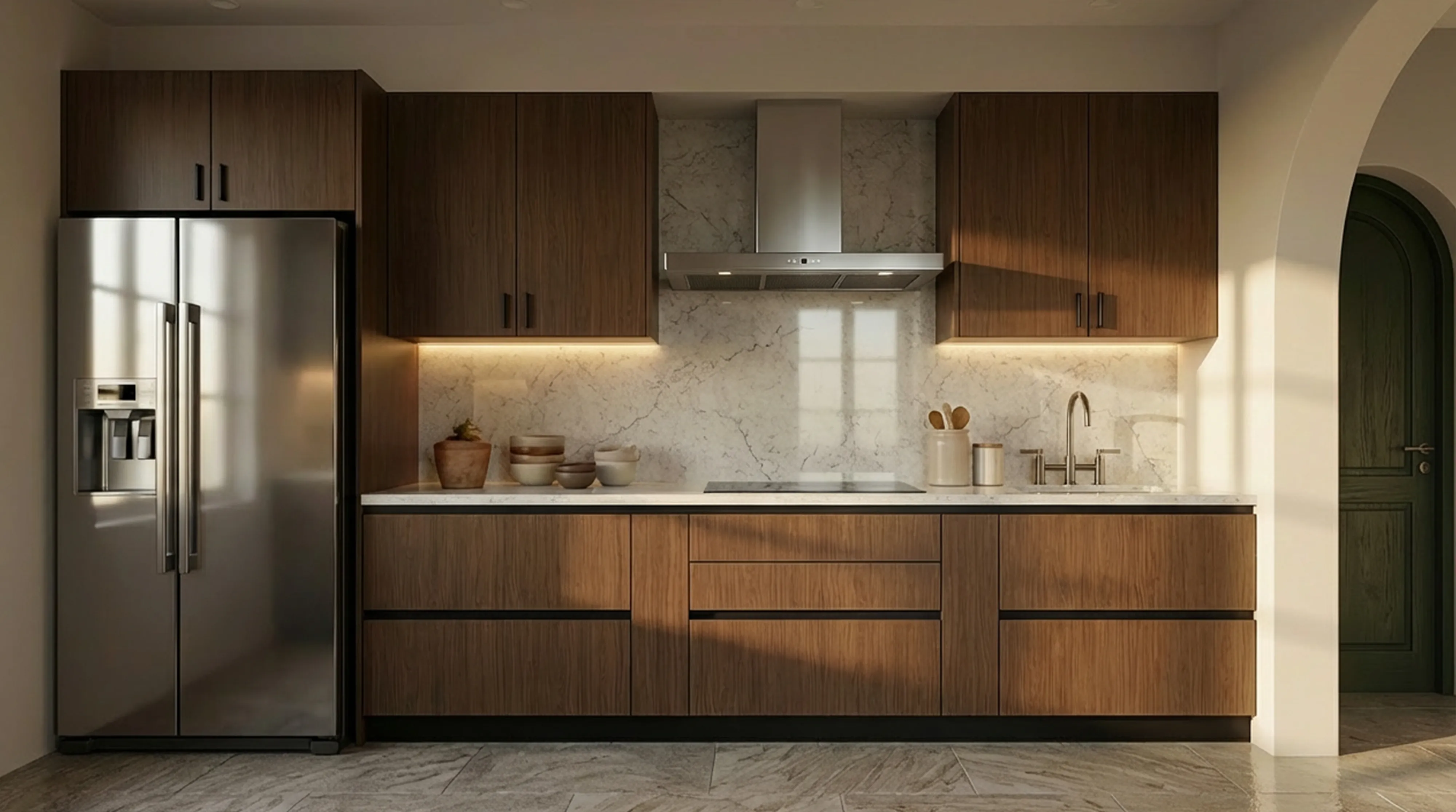 Timeless Straight Kitchen with Walnut Wooden Cabinets