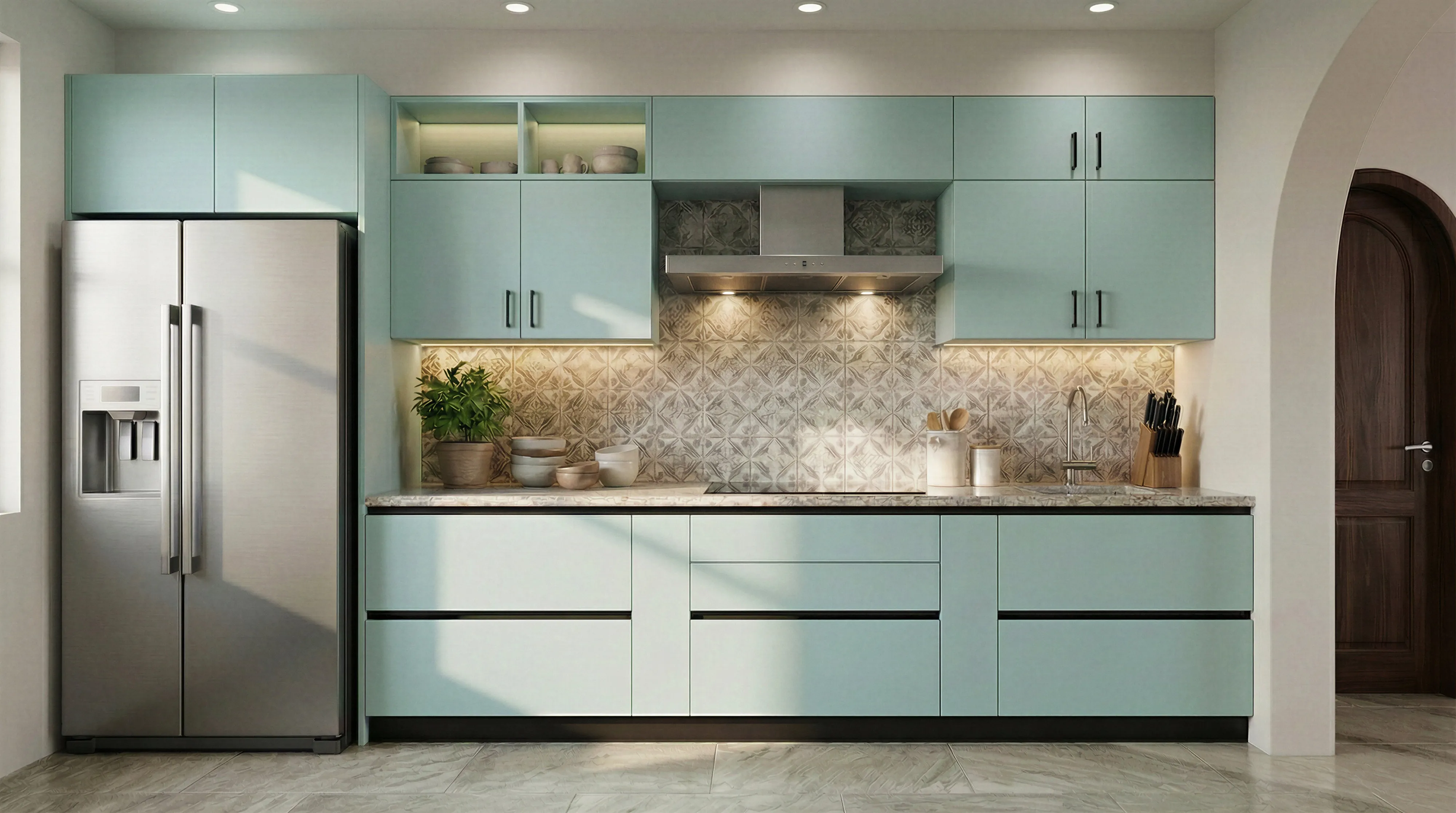 Modern Straight Kitchen with Matt Mint Green Cabinets
