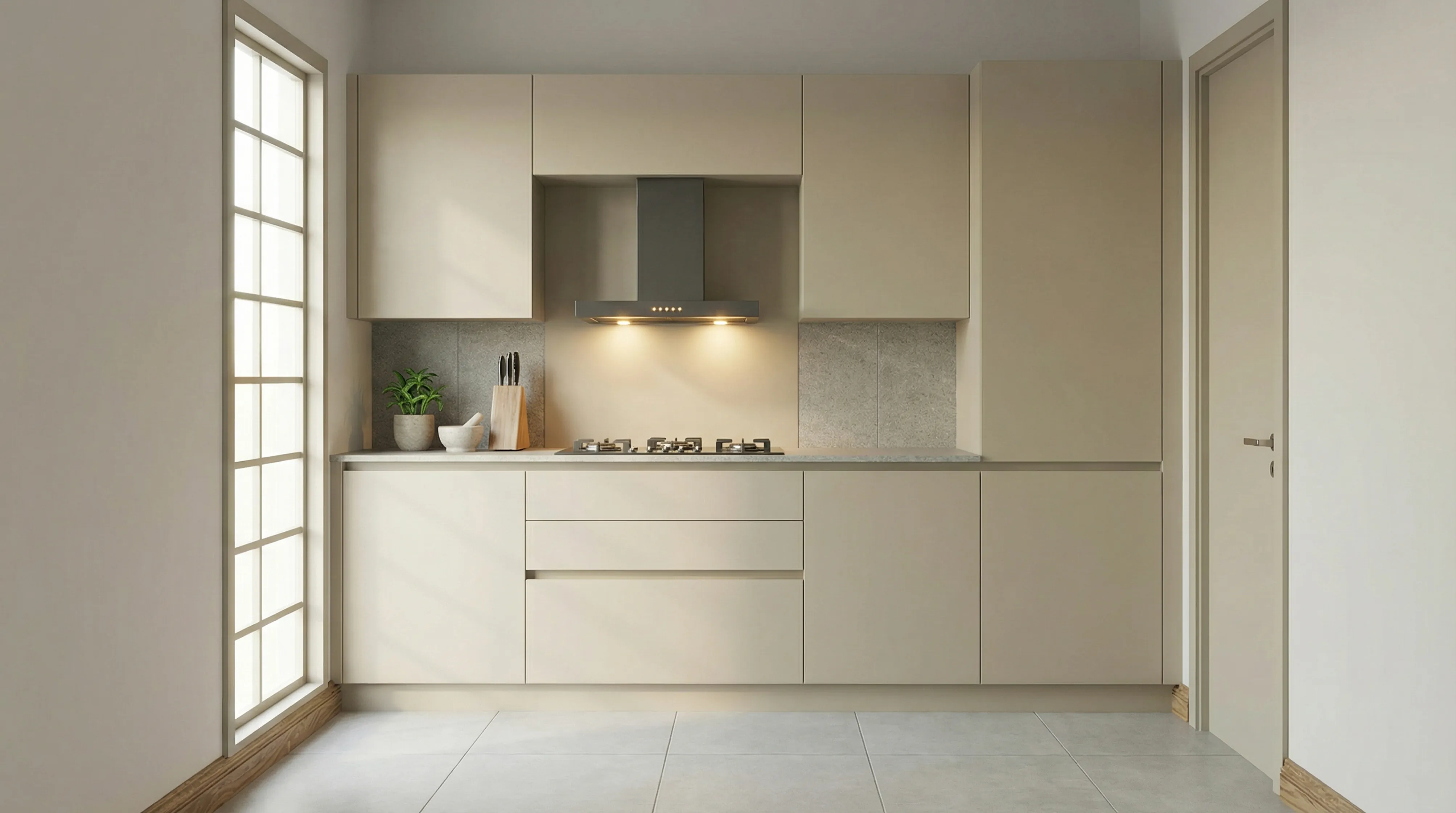 Contemporary Straight Kitchen with Matt Sand Cabinets