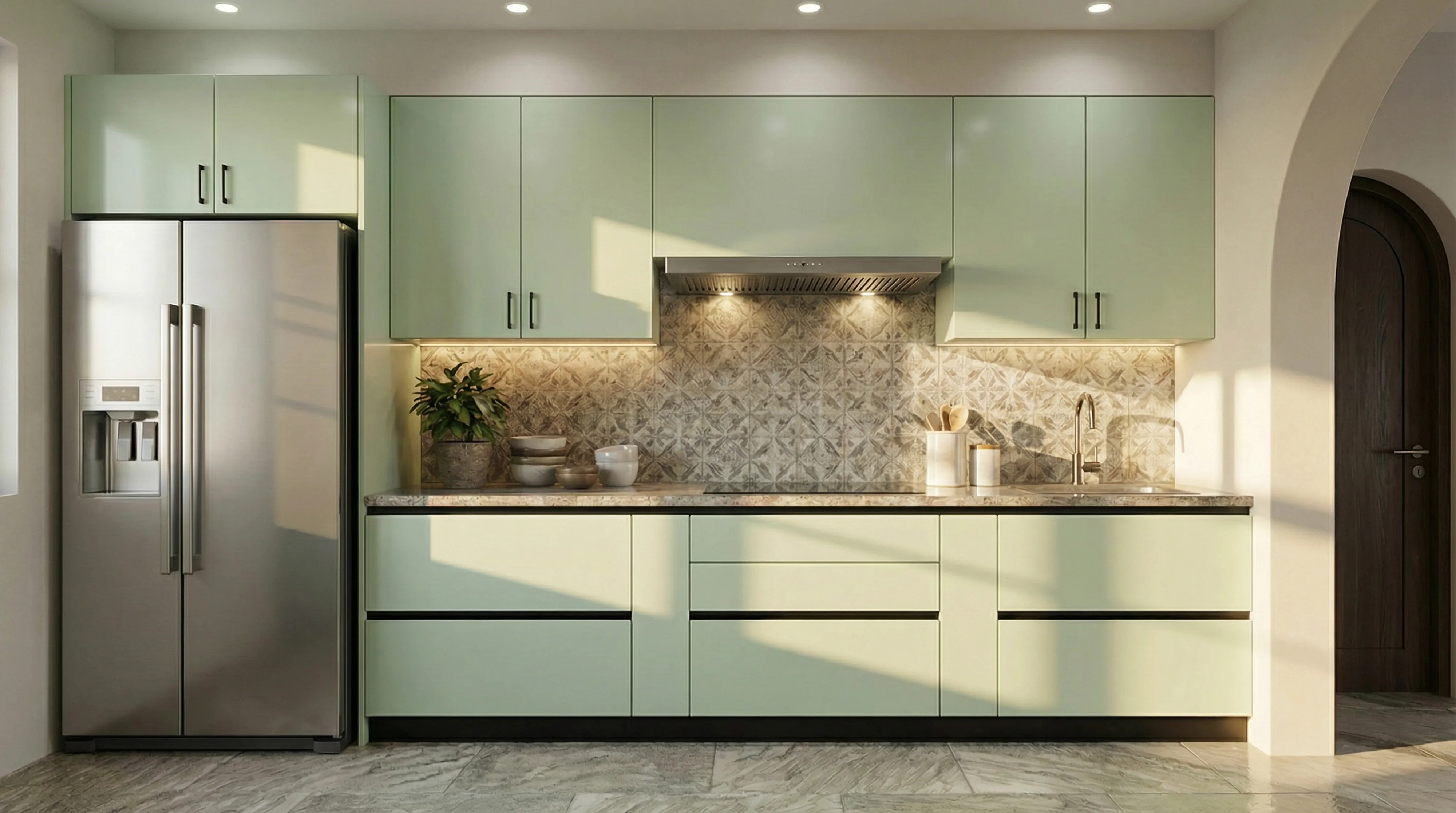 Contemporary Straight Kitchen with Glossy Mint Cabinets