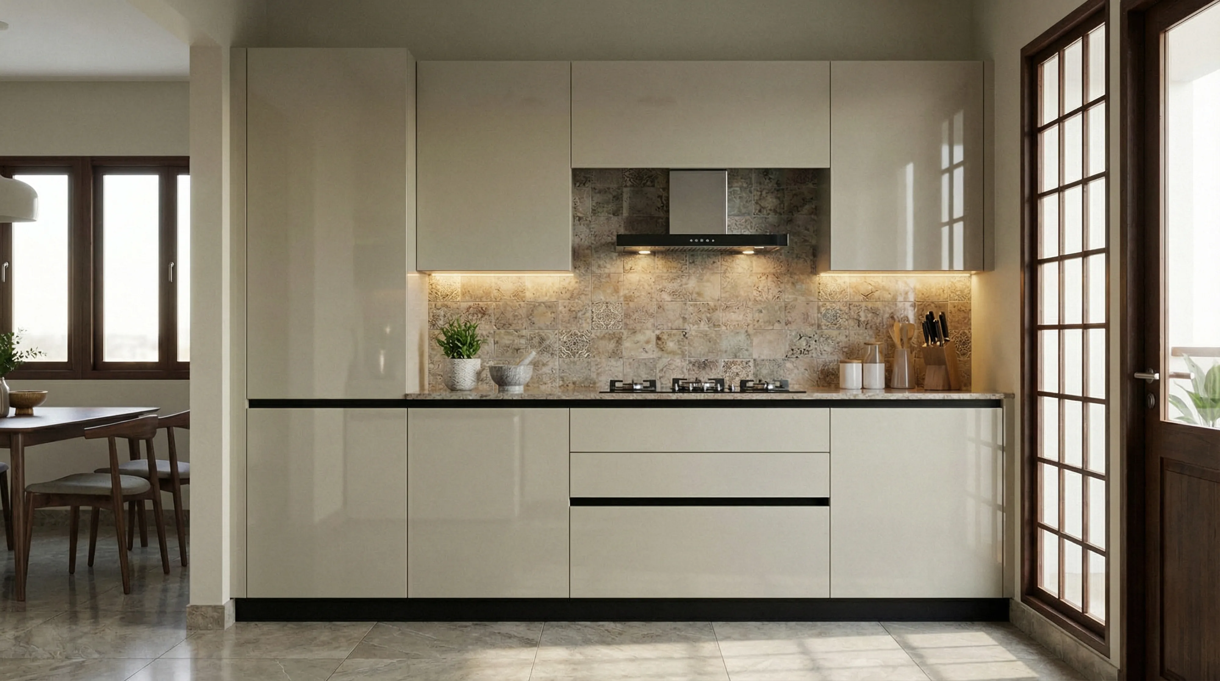 Contemporary Straight Kitchen with Glossy Sand Cabinets