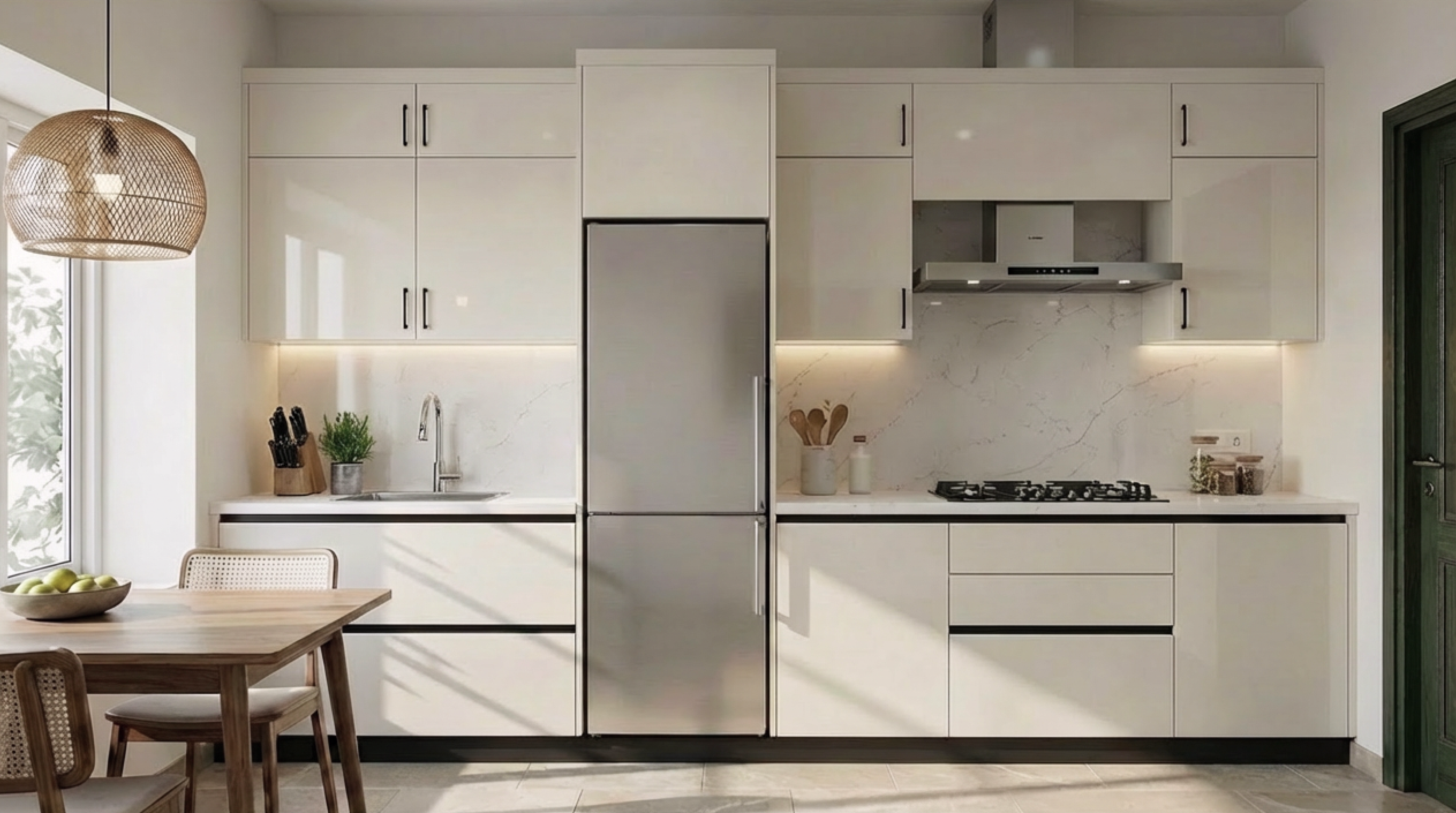Refined Straight Kitchen with Glossy White Cabinets