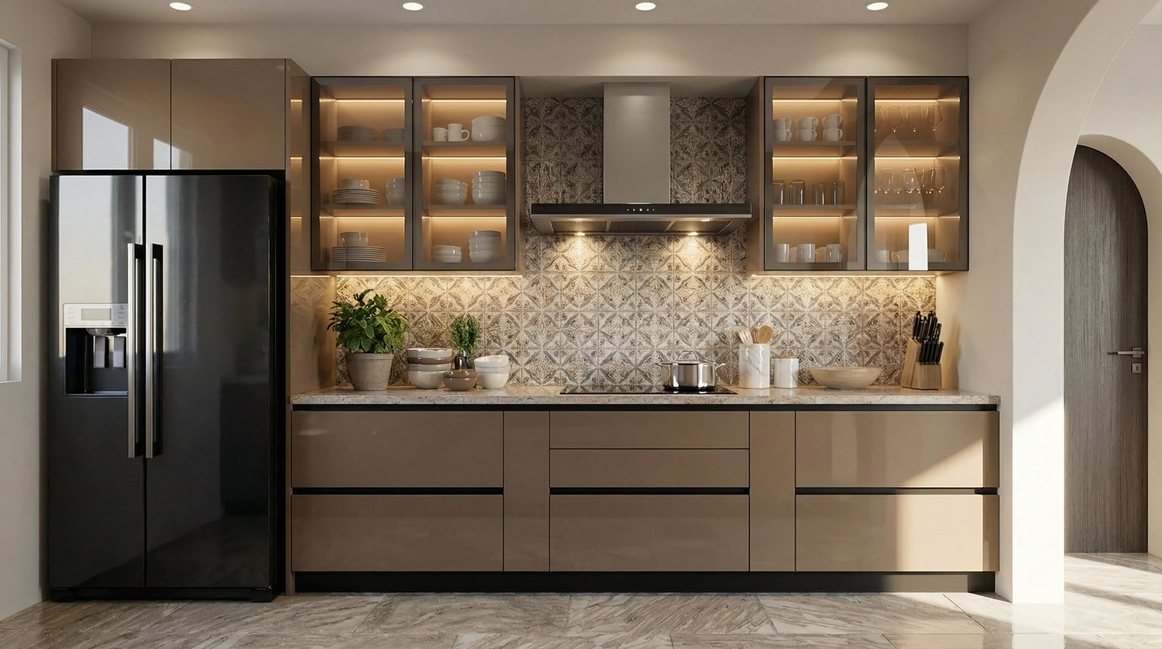 Warm Straight Kitchen with Earthy Brown Cabinets