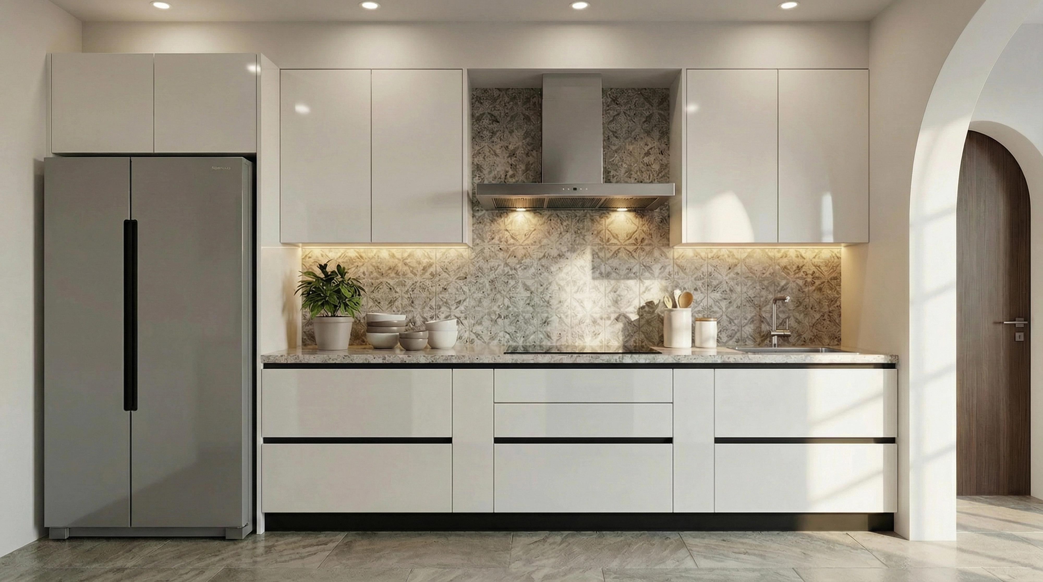 Elegant Straight Kitchen with Glossy White PU Cabinets