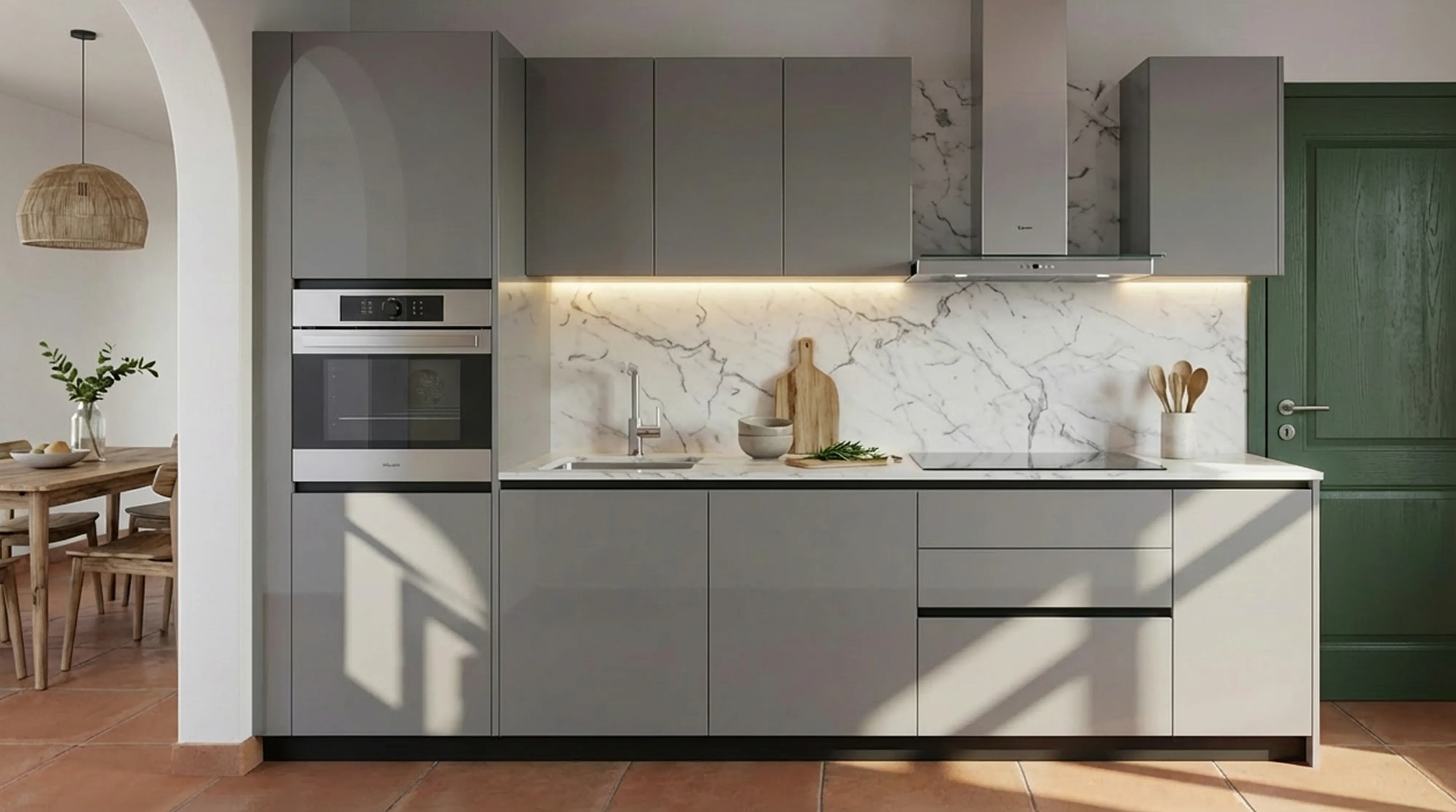 Bespoke Straight Kitchen with Glossy Grey PU Cabinets