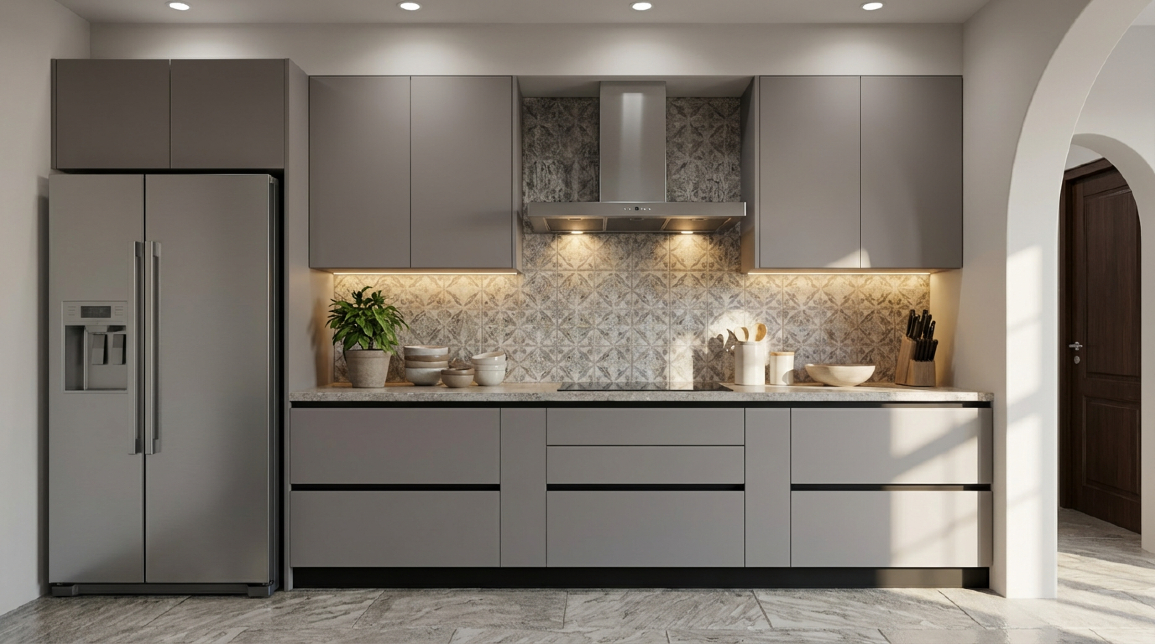 Elegant Straight Kitchen with Matt Grey Brown PU Cabinets