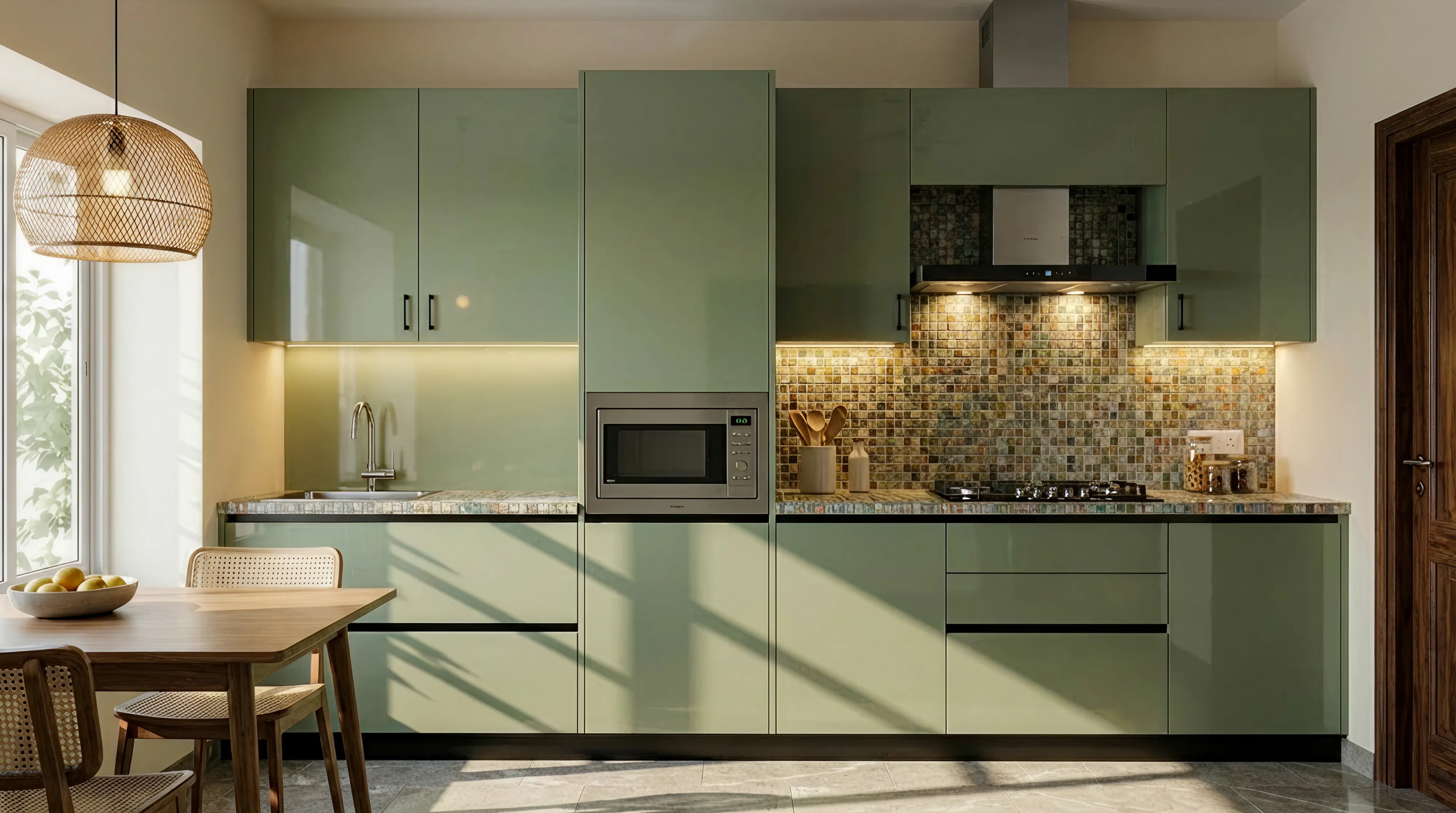 Artisanal Straight Kitchen with Glossy Sea Green PU Cabinets