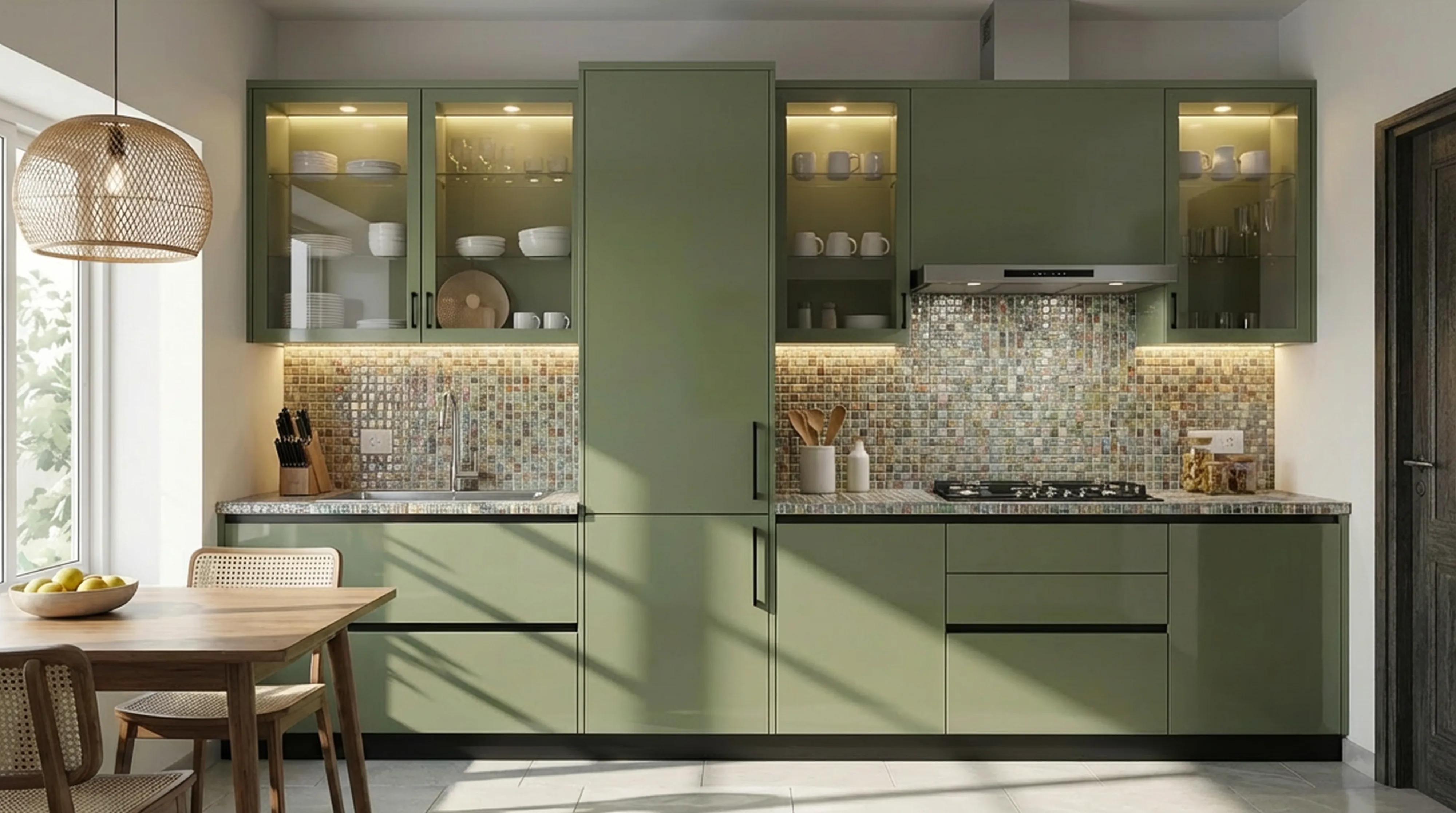 Pristine Straight Kitchen with Matt Sea Green PU Cabinets