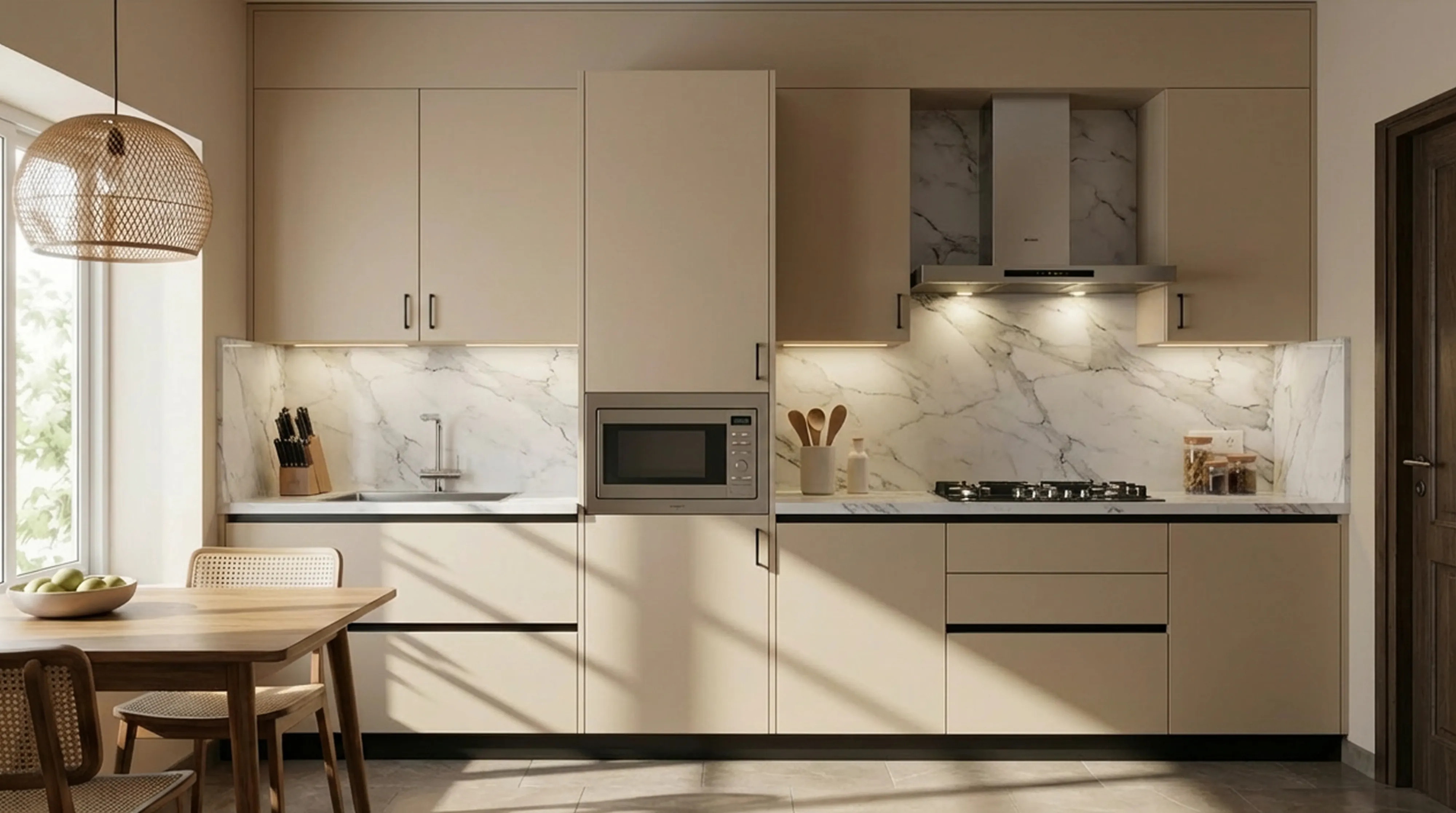 Artisanal Straight Kitchen with Matt Beige PU Cabinets