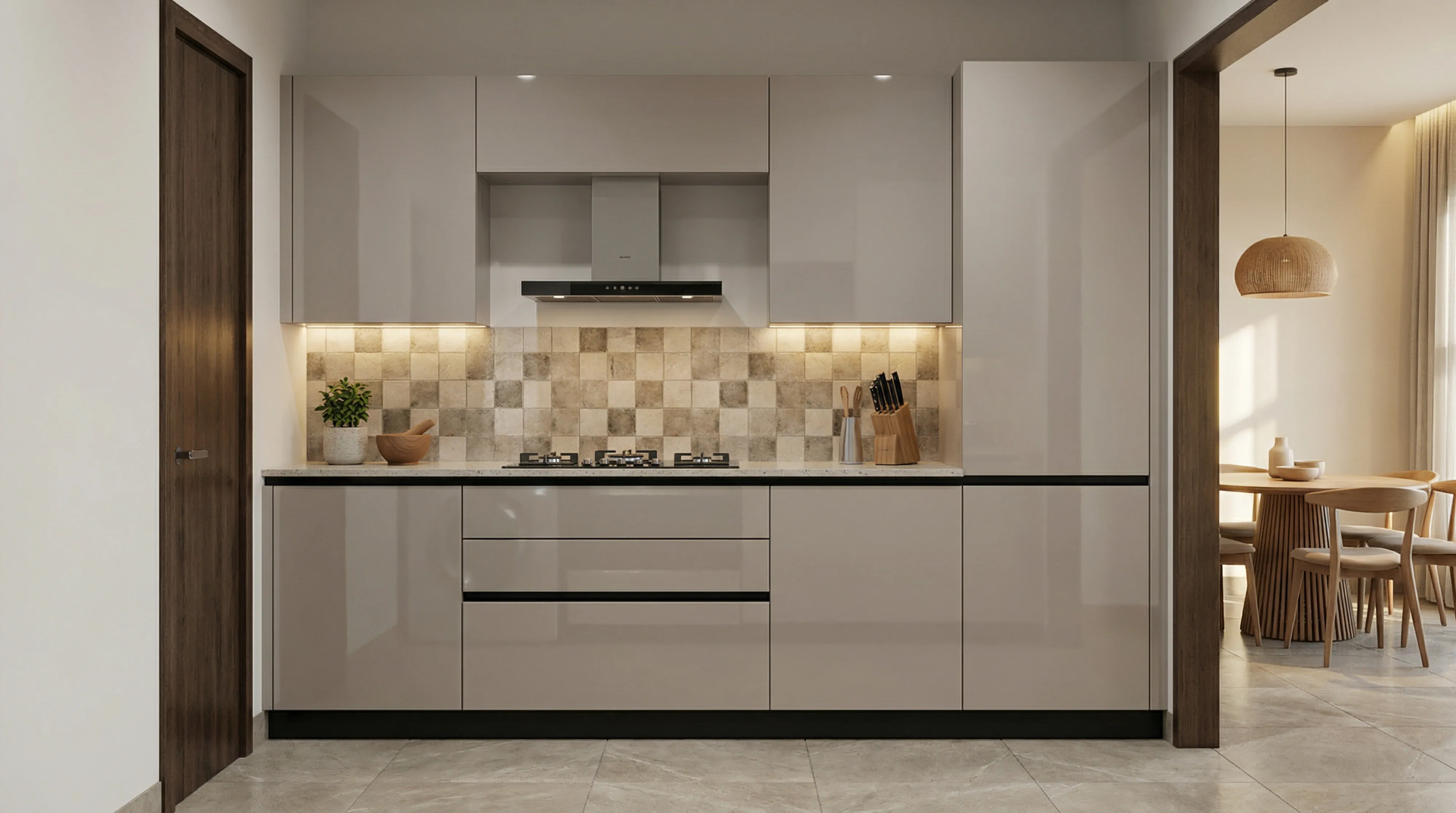 Modern Straight Kitchen with Glossy Jersey Grey Cabinets