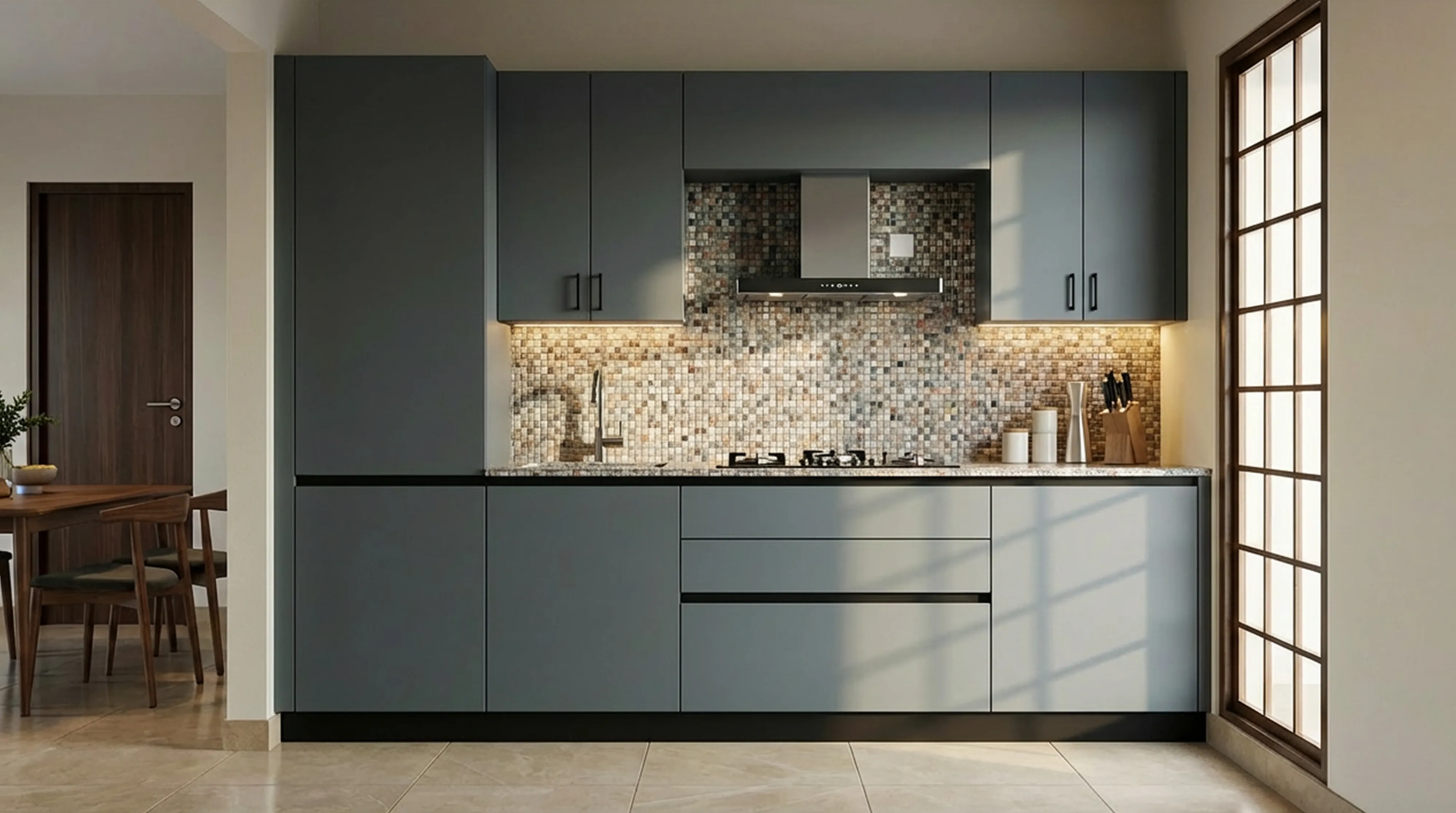 Modern Straight Kitchen with Matt Blue Grey PU Cabinets