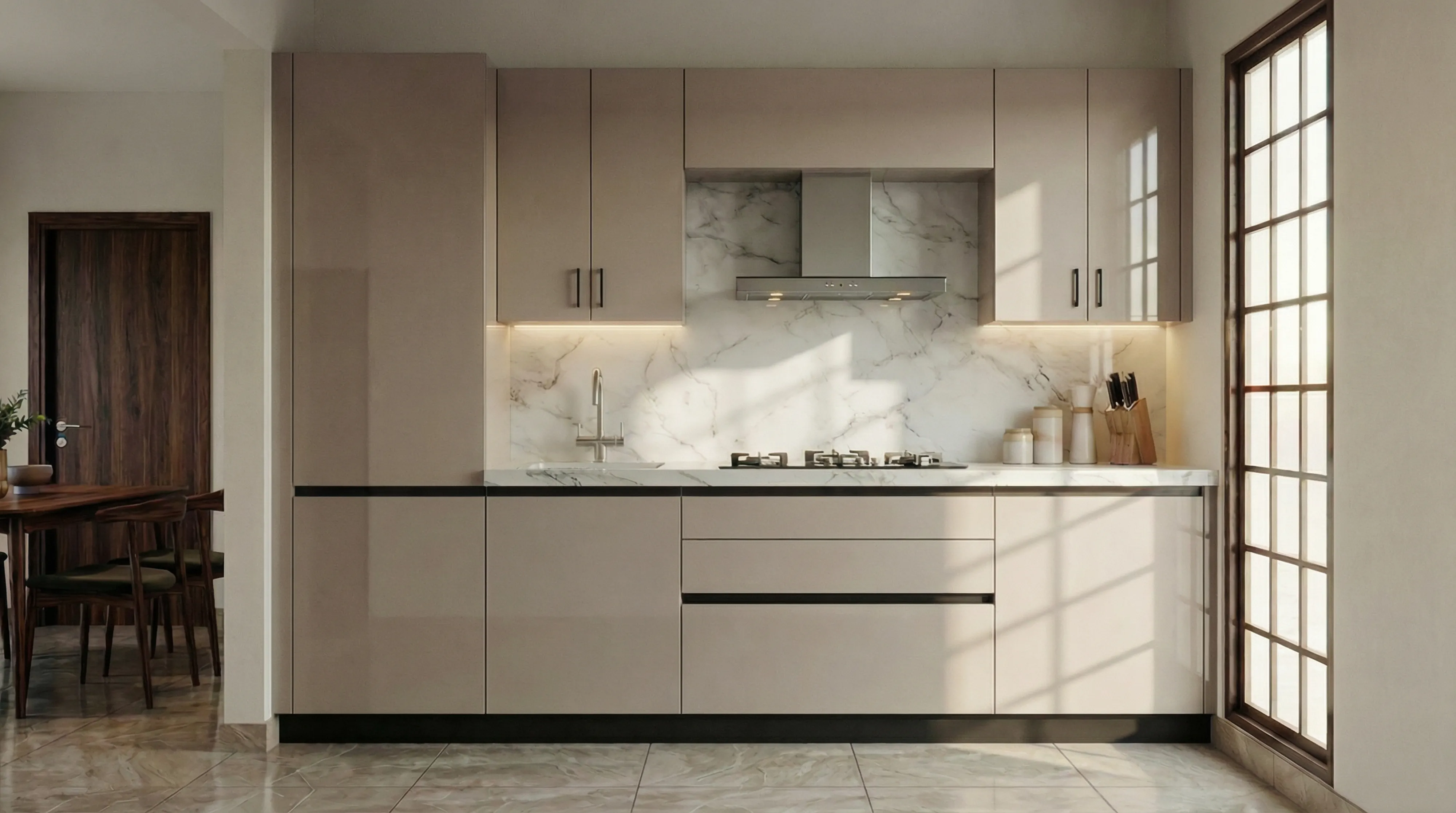 Luxury Straight Kitchen with Glossy Silver PU Cabinets