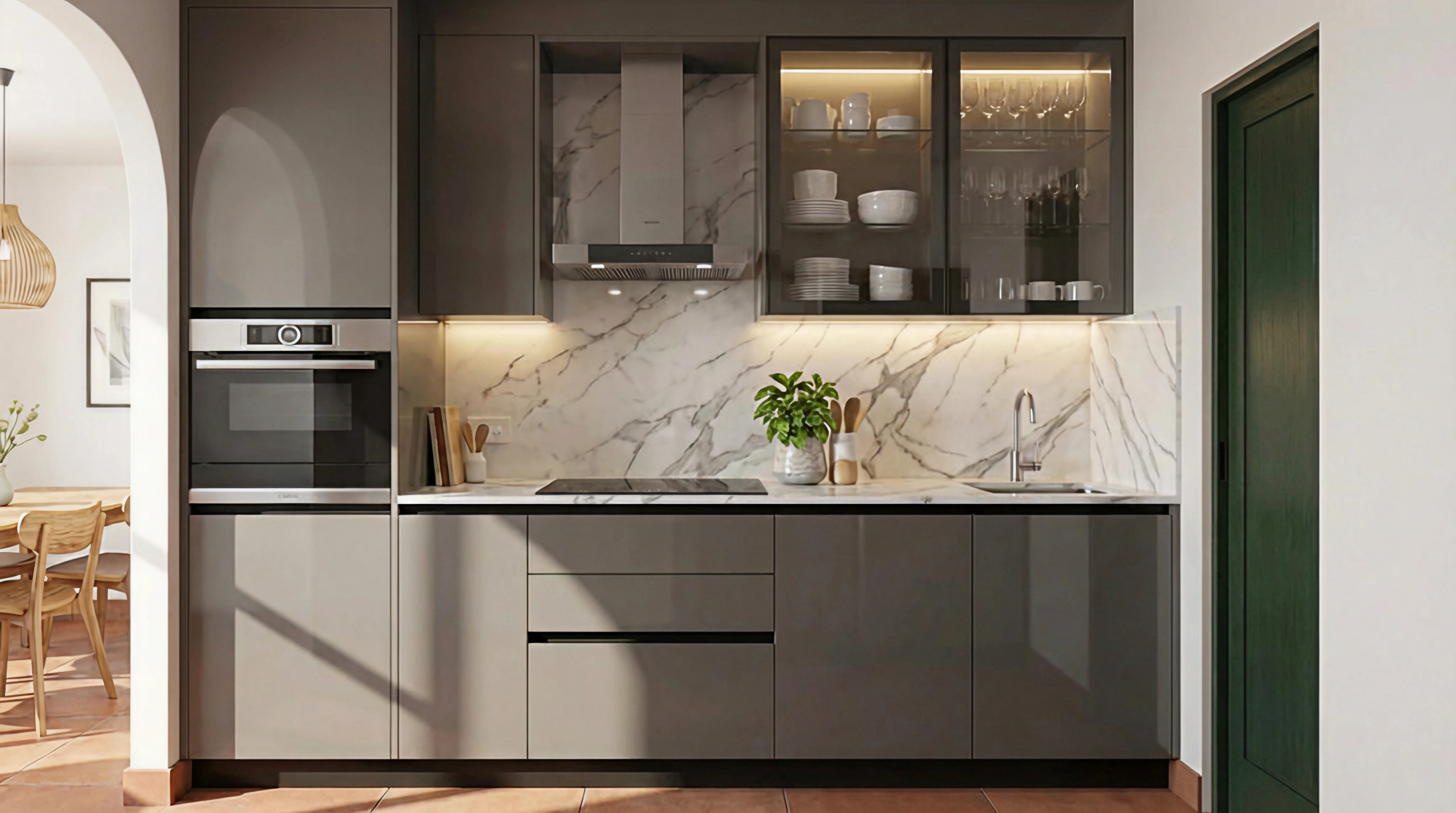 Artisanal Straight Kitchen with Glossy Titanium Grey PU Cabinets