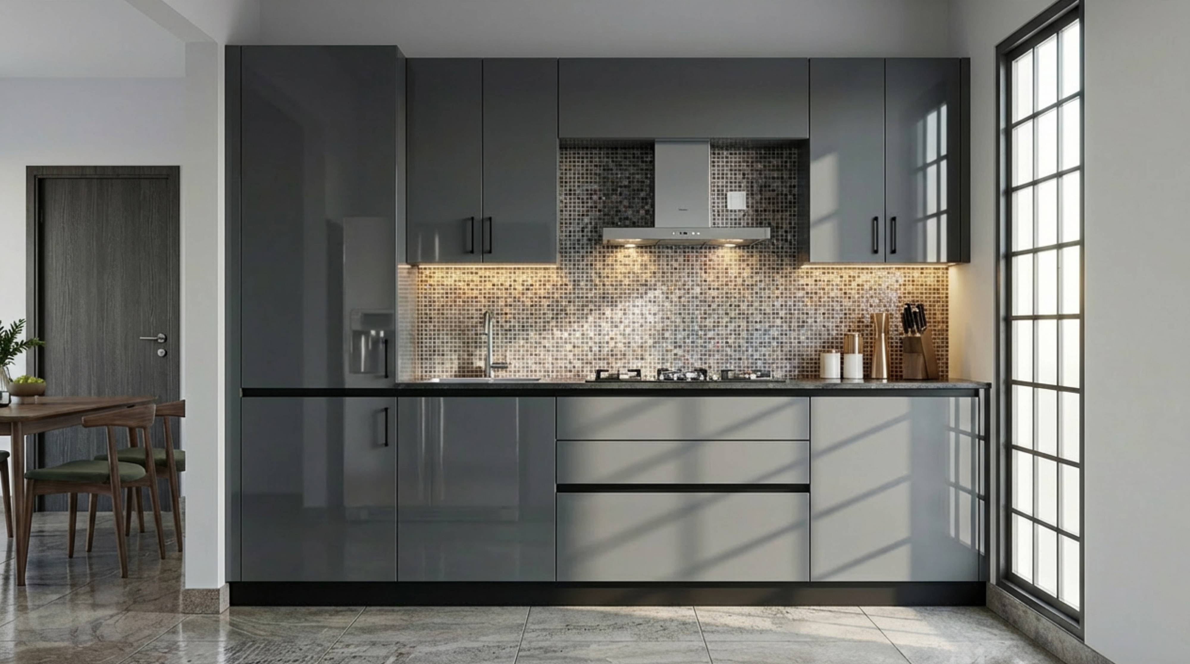 Bespoke Straight Kitchen with Glossy Blue Grey PU Cabinets
