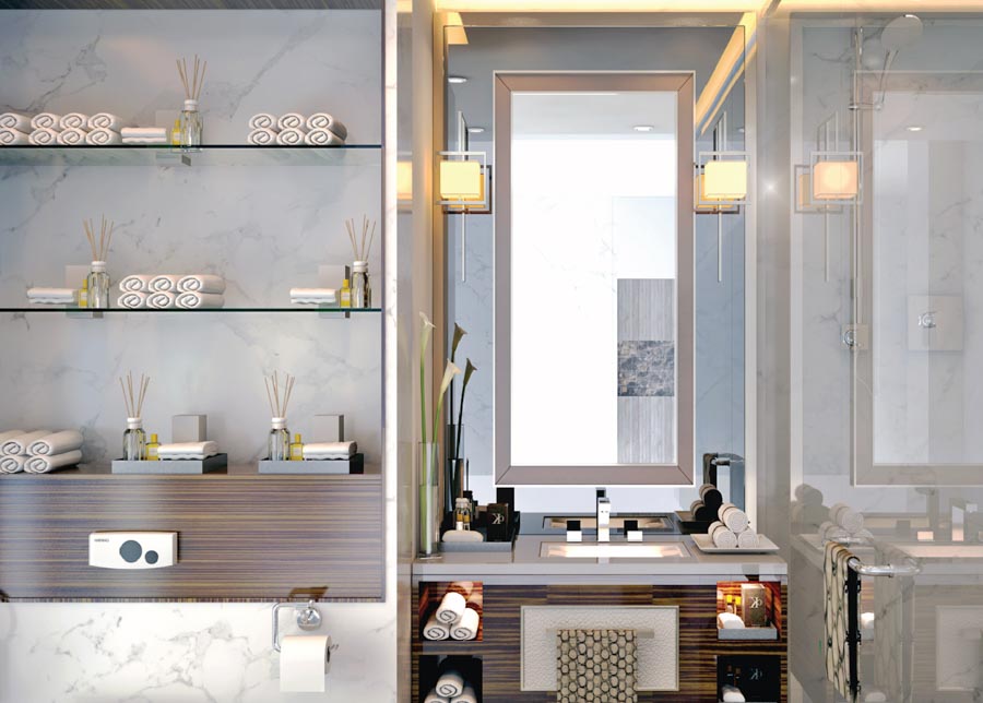 Bathroom interior décor with white marble walls coupled with wooden & glass shelves - Beautiful Homes