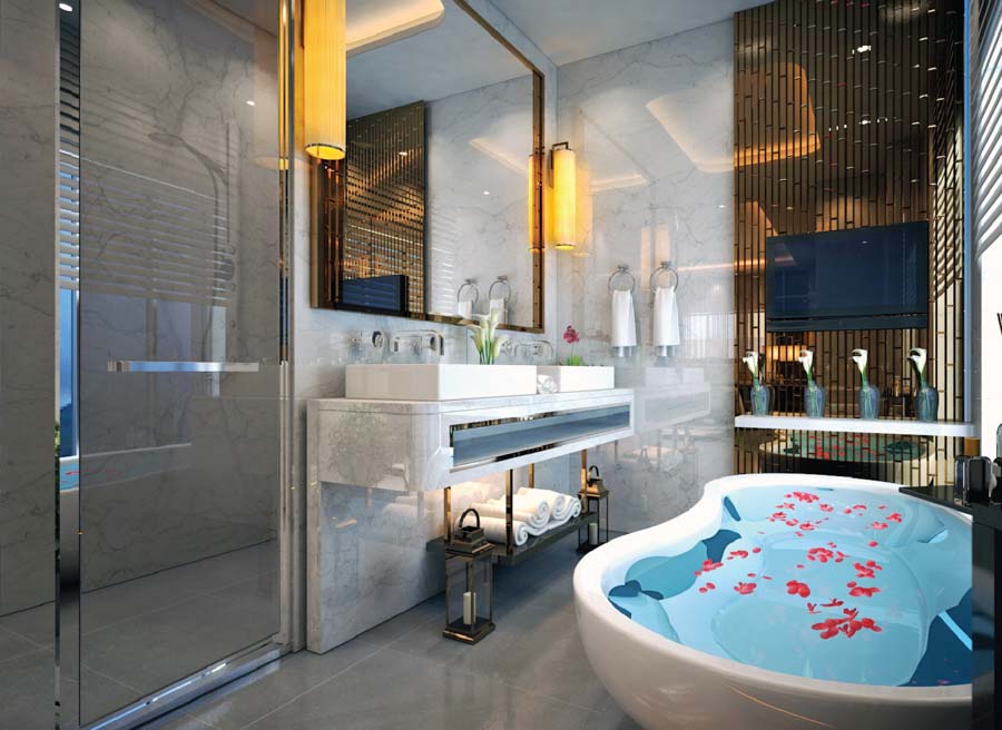 Bathroom shelf design in white & brass for daily spa activity - Beautiful Homes