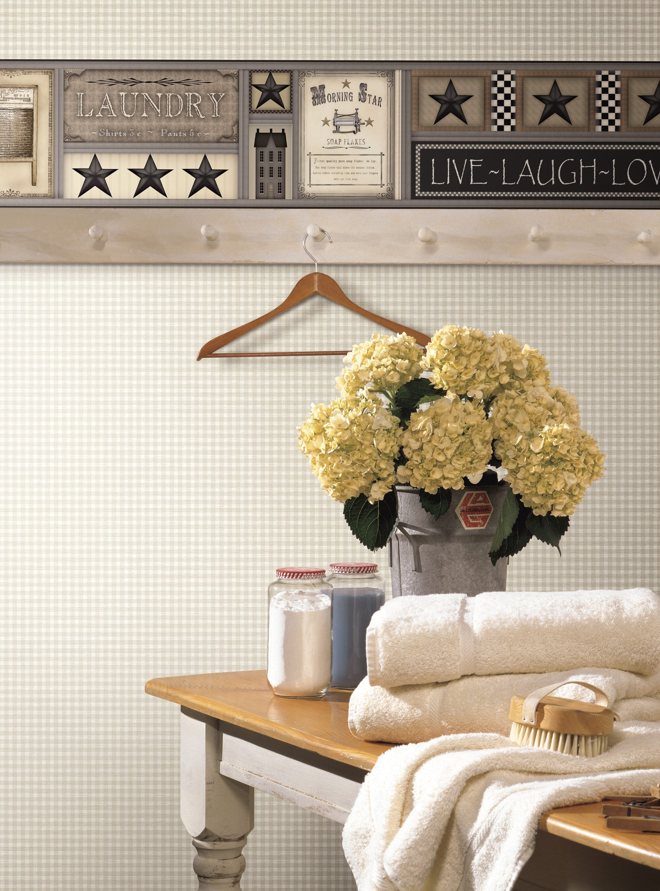 laundry essentials placed in laundry area