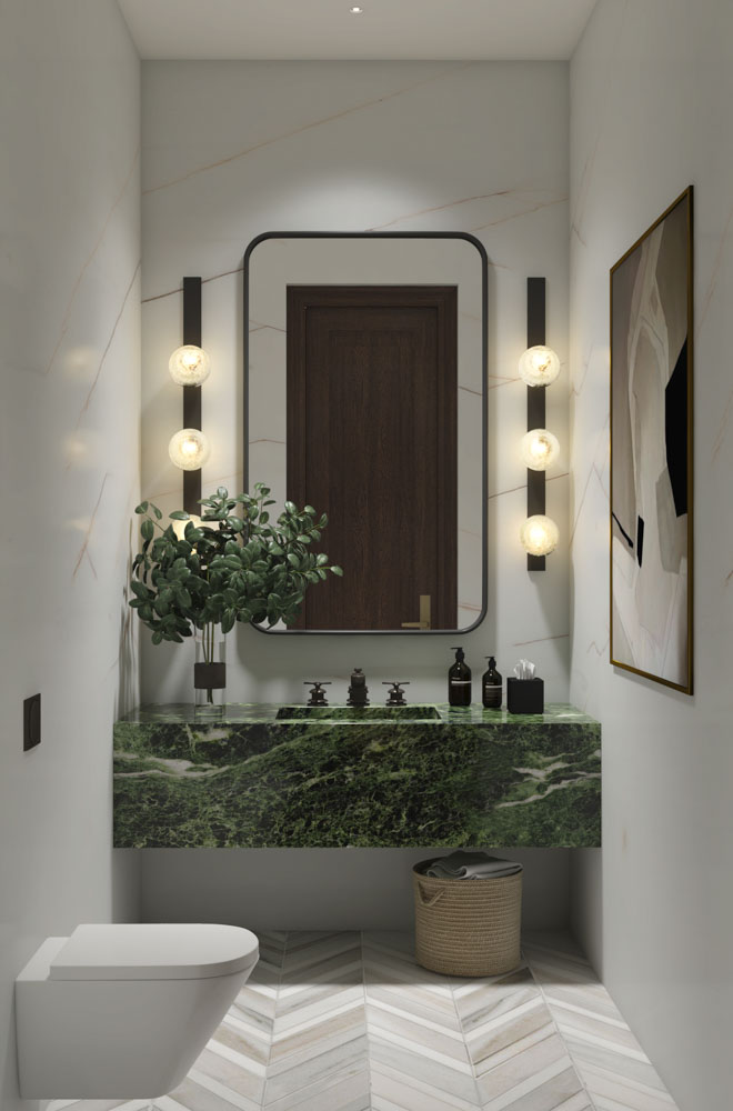 Small Bathroom design with rock-solid jade countertop with an integrated sink & a wicker basket - Beautiful Homes