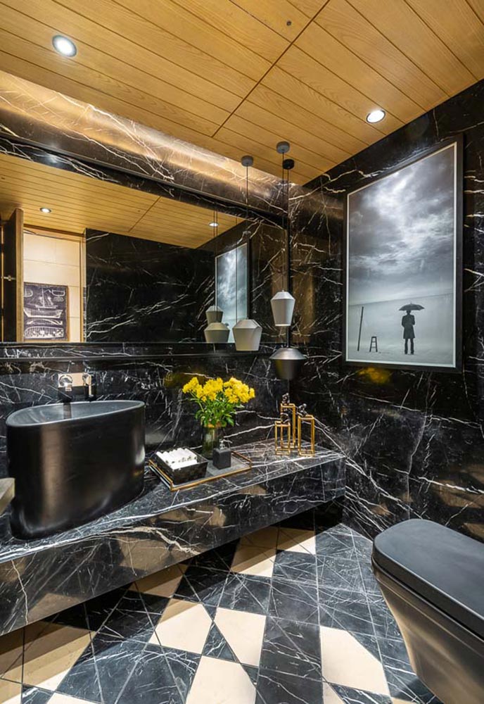 Small washroom design with false ceiling in an all-black style with white details