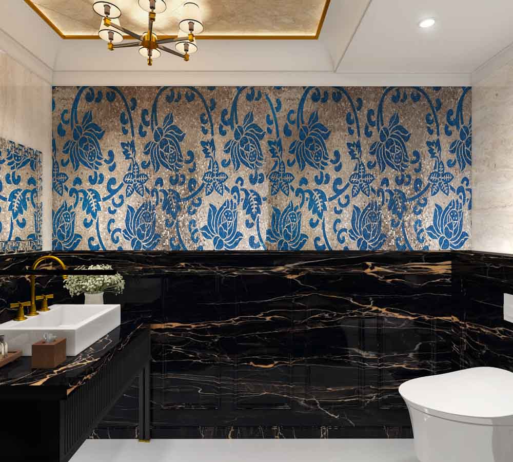 Match your bathroom tiles colour with the bathroom wallpaper - Beautiful Homes Black bathroom tiles colour paired with blue bathroom wallpaper - Beautiful Homes