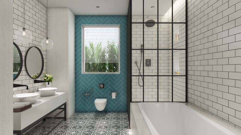 Bathroom design with white & turquoise bathroom tiles colour - Beautiful Homes Bathroom interior design with white & turquoise bathroom tiles colour - Beautiful Homes