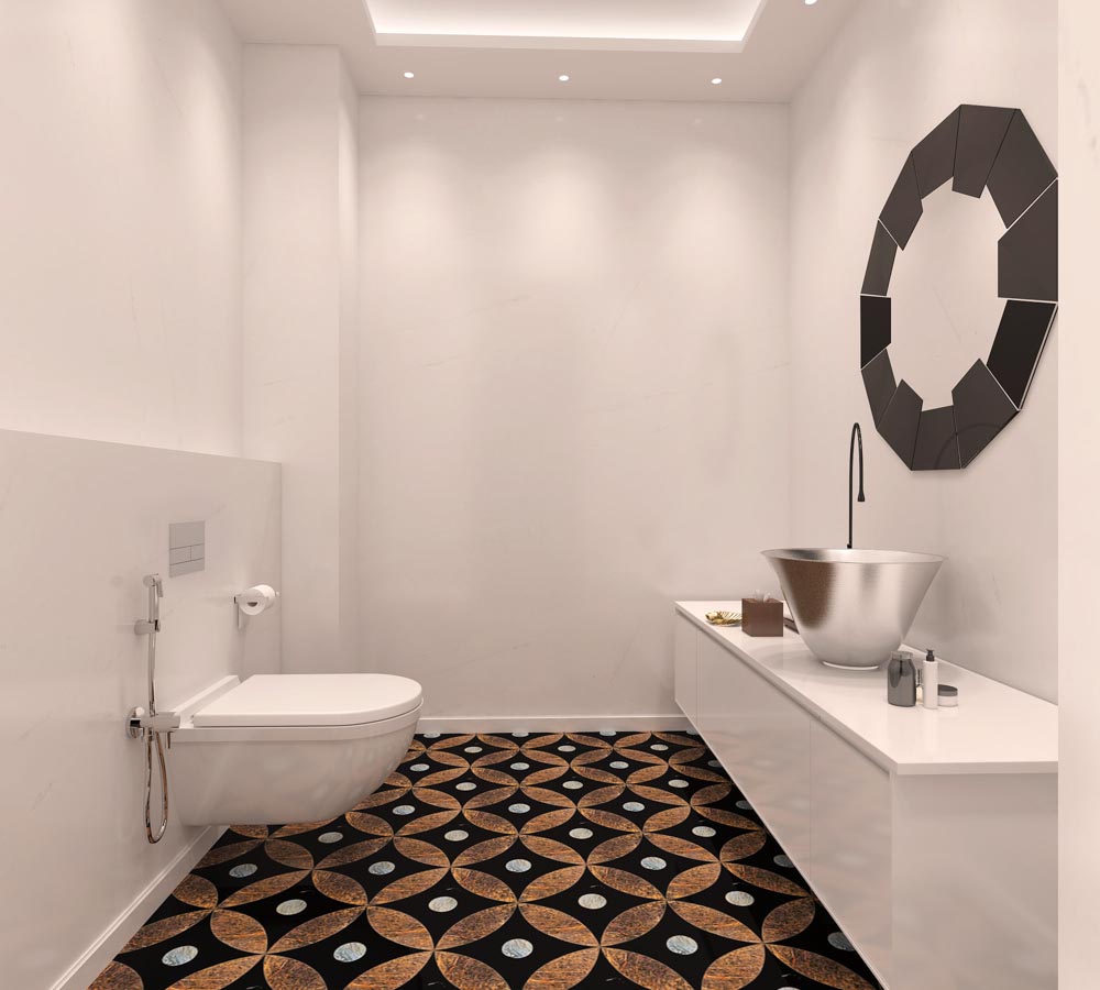Bathroom design with all white walls & patterned floor tiles - Beautiful Homes Bathroom design with all white walls & patterned floor tiles - Beautiful Homes