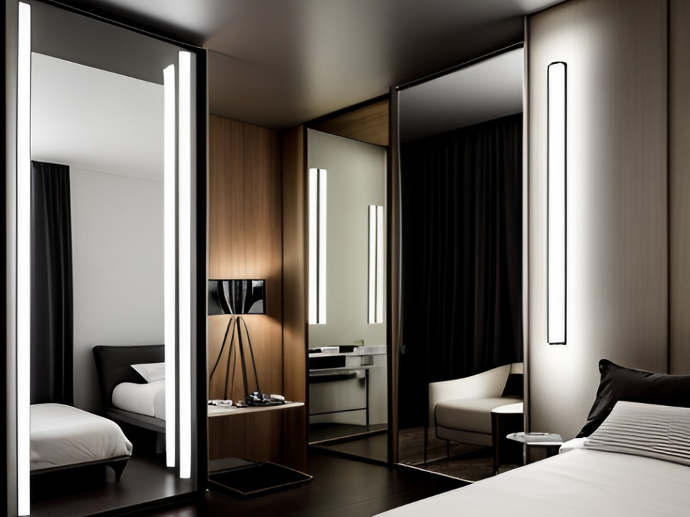 White light opposite to wardrobe that reflects the light - Beautiful Homes