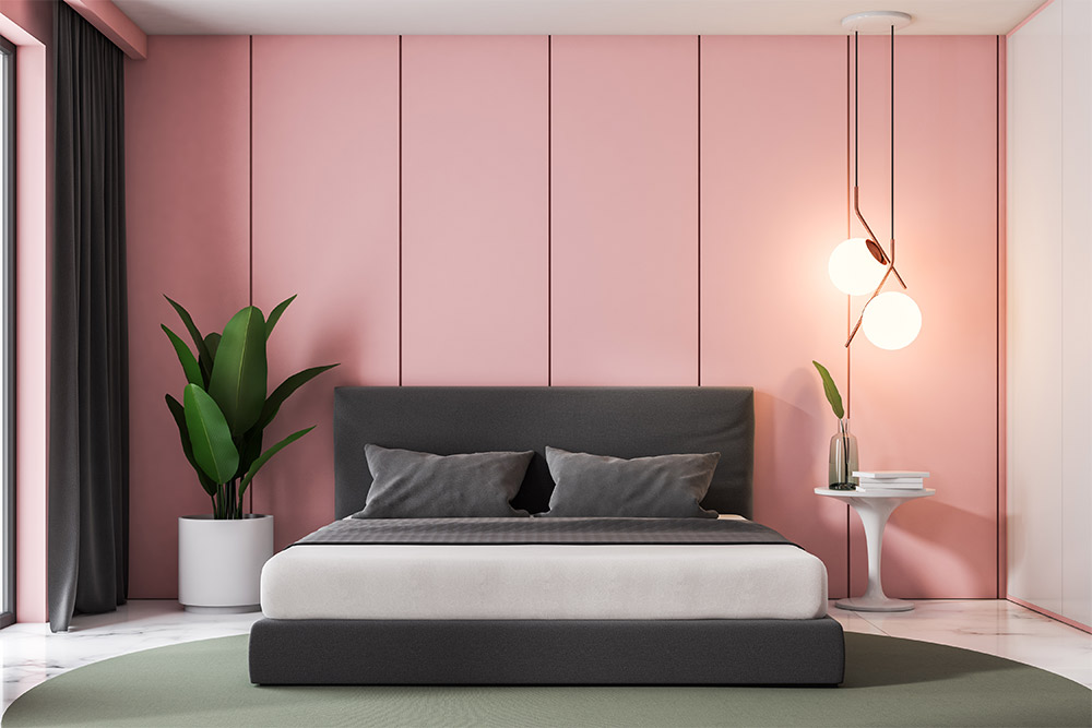 Pink minimal bedroom design with clean lines & warm pendant lighting - Beautiful Homes