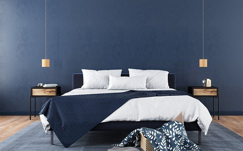 Blue modern bedroom with hanging lights - Beautiful Homes