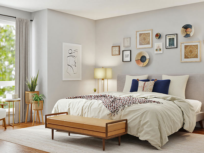 Bedroom design with bed benches & wooden side tables - Beautiful Homes