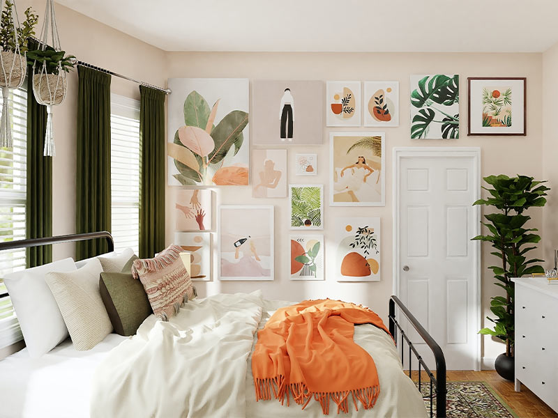 New bedroom designing with olive curtains & wall décor - Beautiful Homes