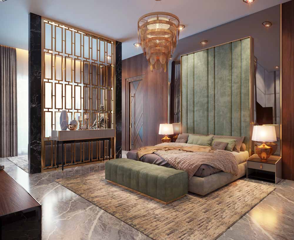 Grand chandelier bedroom lighting with ceiling lights & table lamps for bedroom décor - Beautiful Homes