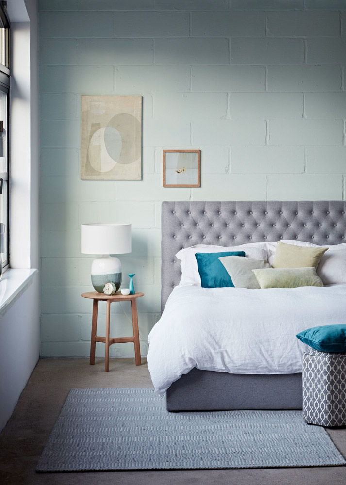 Bedroom Colour Design With Luxe Grey Bed Frame and Frothy White Sheets - Beautiful Homes