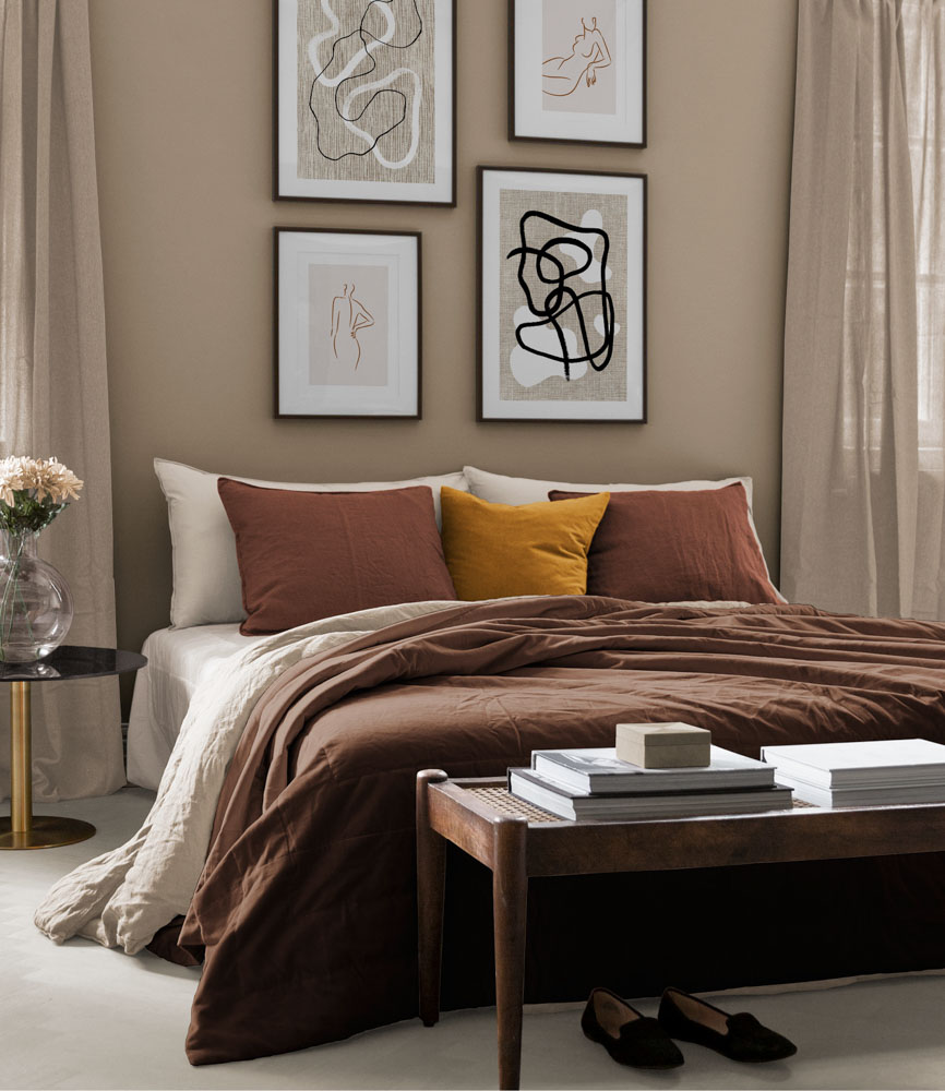Bedroom Colour Design In Brown and Ochre Shades With Wooden Bench - Beautiful Homes