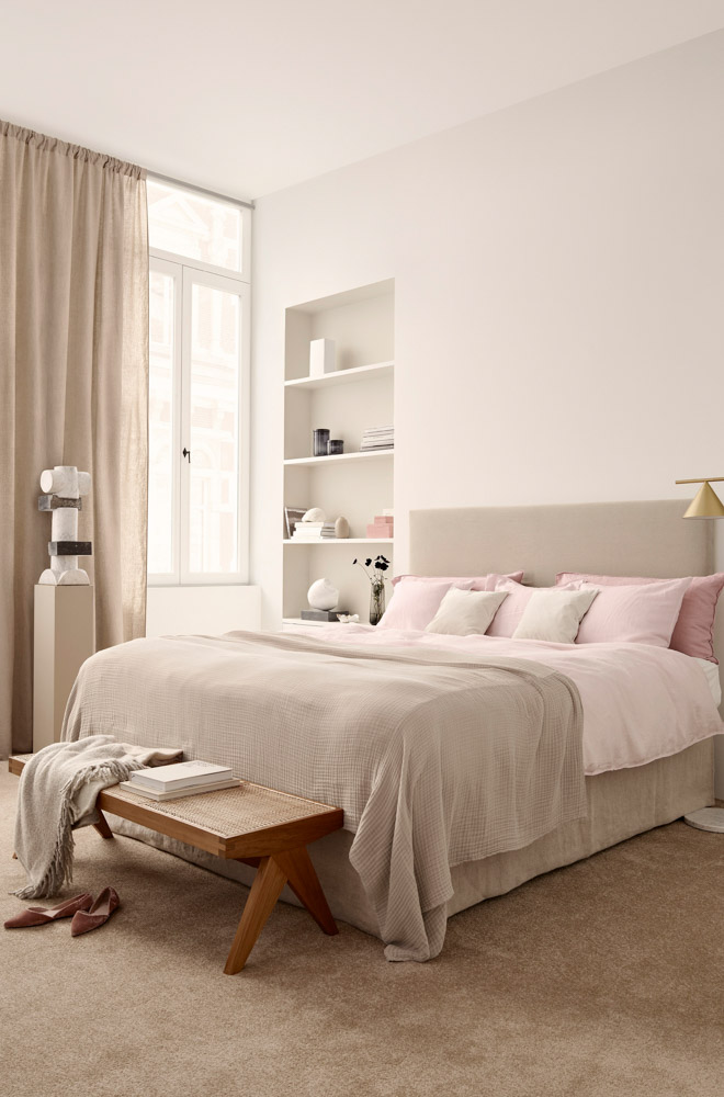 Bedroom Colour Ideas In Pink and White Shades With Uneven Stacks of Marble Blocks and Metallic Lamp - Beautiful Homes
