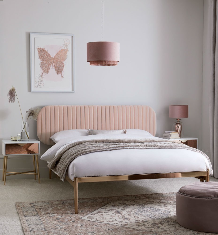 Bedroom Colour Ideas In Pastel Peach With Metallic Bed Frame and Side Tables  - Beautiful Homes