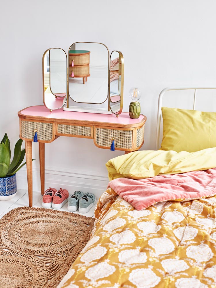 Sweet girls dressing table in pink and wood with mirror, pink and yellow accents for kids bedroom - Beautiful Homes