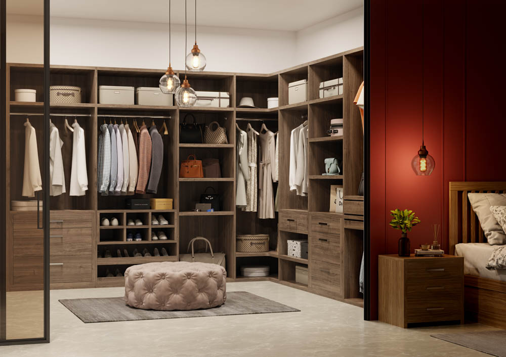 Walk-in modern bedroom cupboard design with glass slider door - Beautiful Homes