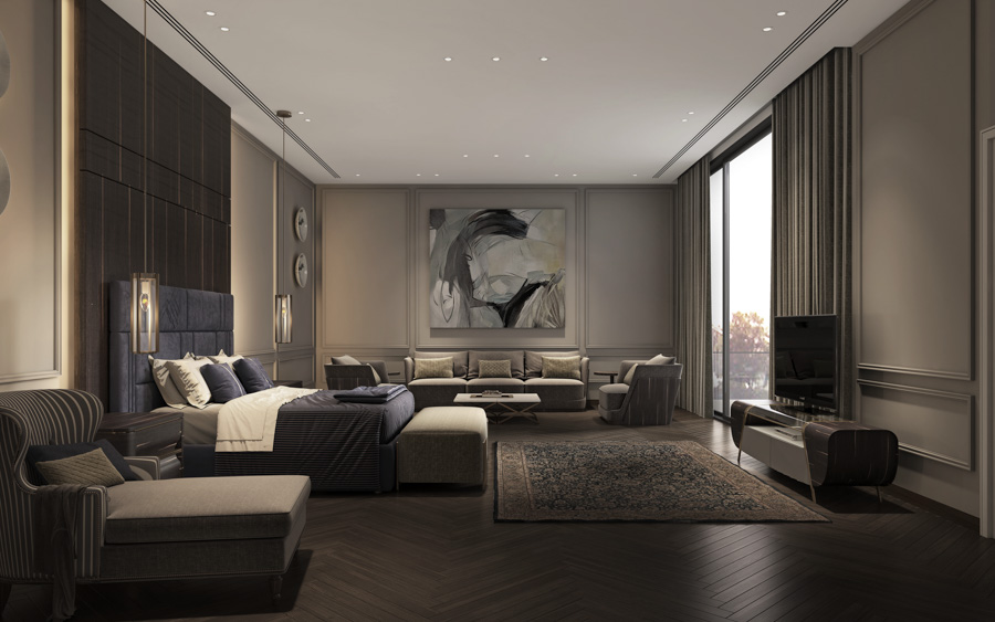 Classy modern bedroom design in blue and grey with abstract art canvas on the wall and a persian carpet