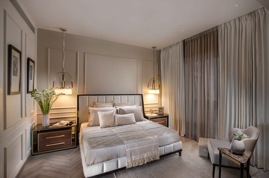 Modern bedroom design for small rooms with white and beige and potted plants for a touch of green