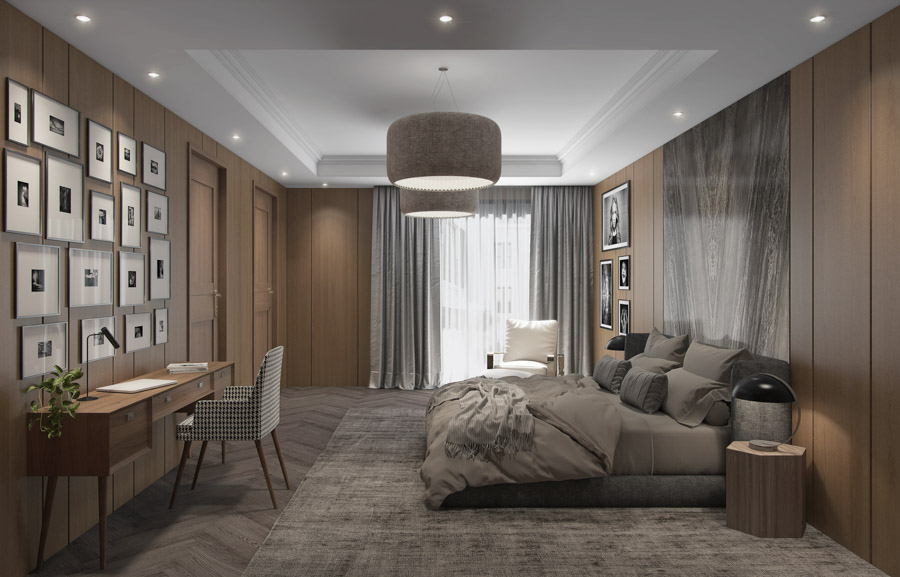 Muted modern bedroom design with simply framed workspace, a marshmallow armchair and a patterned desk chair