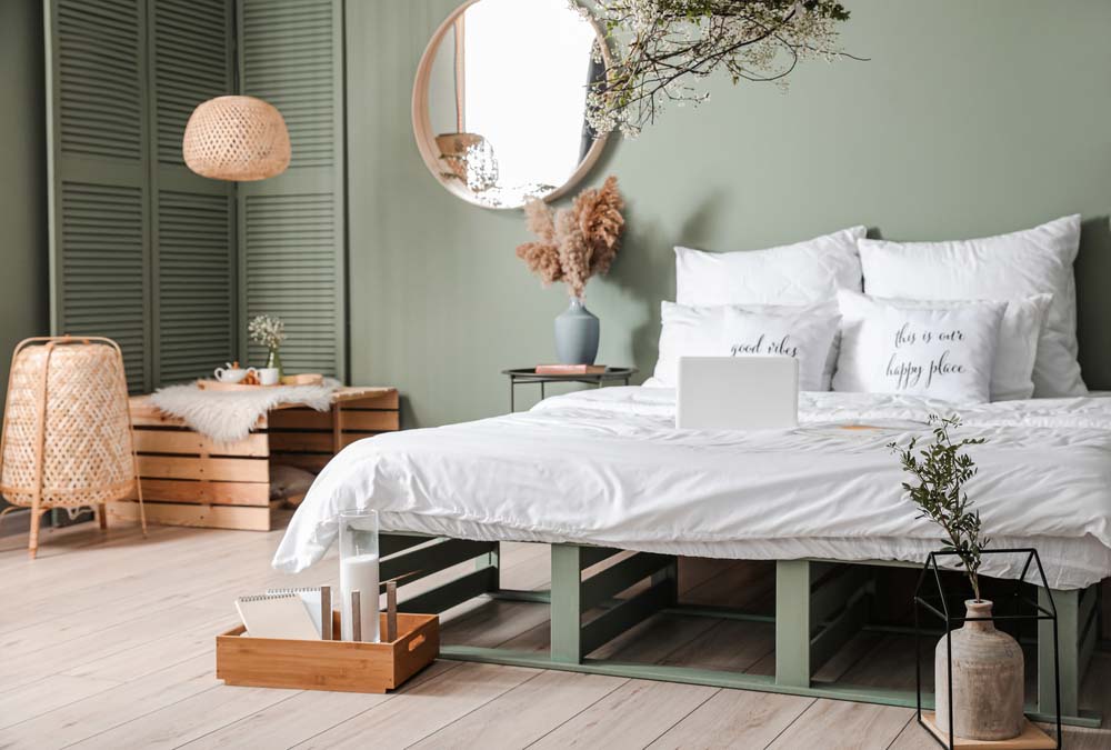 Modern rustic bedroom design with pastel hues along with wooden & distressed ceramics - Beautiful Homes