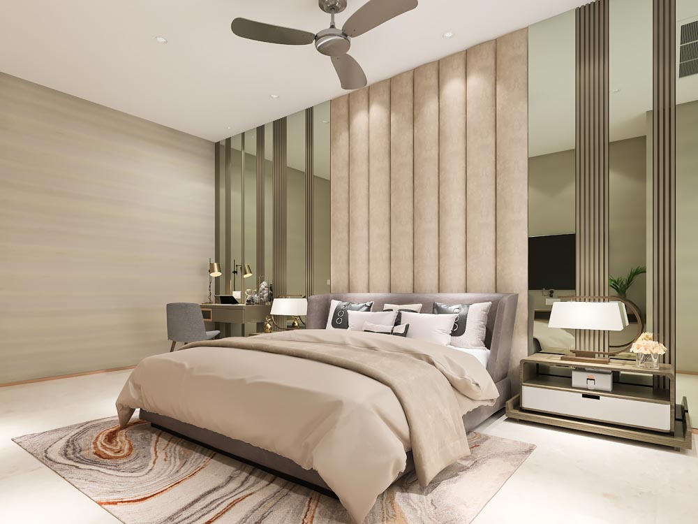 Bedroom wall design with striped mirrors & cream colour striped wall décor - Beautiful Homes