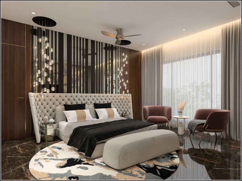 Bedroom wall design with striped full length mirrors & hanging lights - Beautiful Homes 