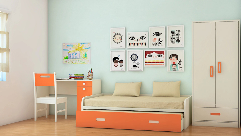 Kids room trundle bed ideas with orange wardrobe & desk for modern home interiors - Beautiful Homes