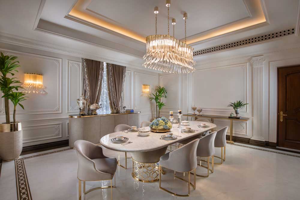 Dining room design with gray & gold theme for a modern dining room interior design - Beautiful Homes