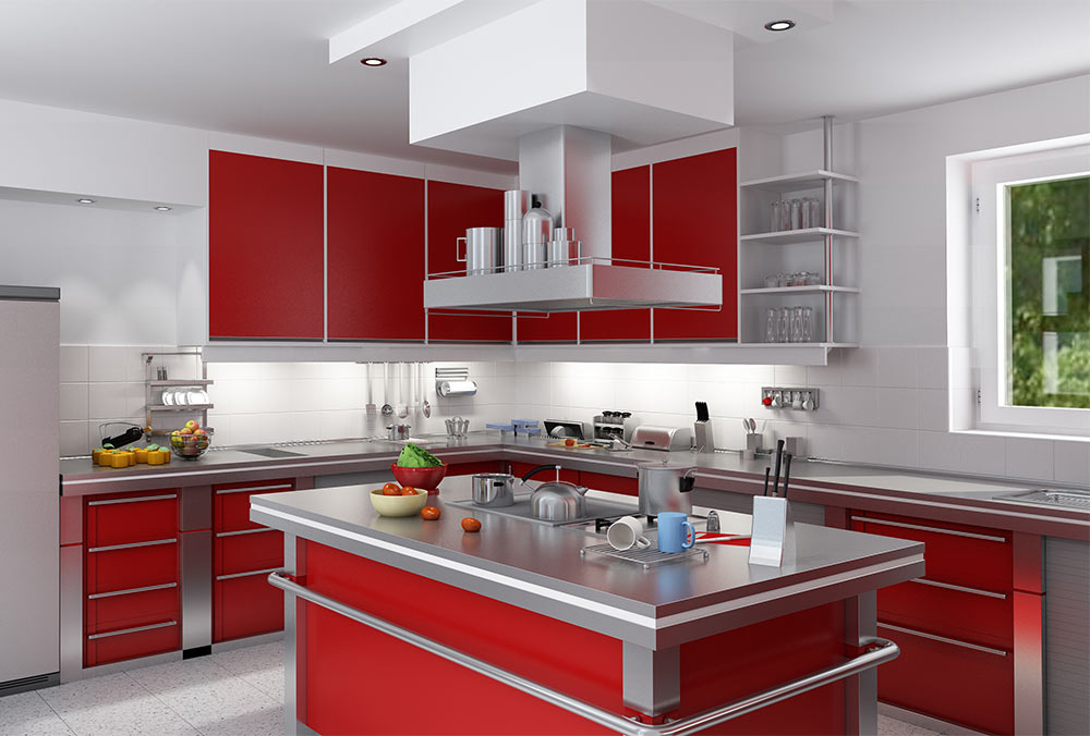 Red- themed stainless steel kitchen countertop - Beautiful Homes