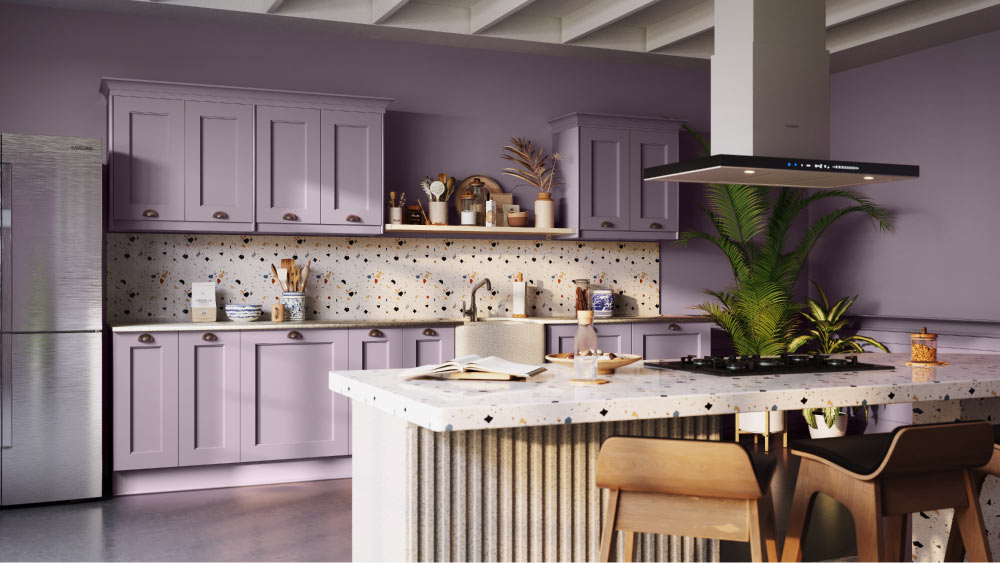Lavender cabinets in kitchen with abstract backsplash - Beautiful Homes